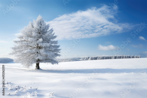 A snow-covered fir tree stands in a field of white snow. Stars twinkle in the clear sky above. The tree is decorated with stars, making it look like a magical creature from a fairytale. 