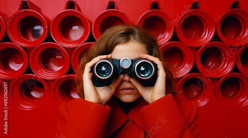 Astonished person using binoculars in a vibrant red room