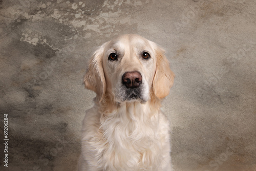 Adorable studio portrait with artificial light of a beige and white golden retriever, isolated on background with space for text