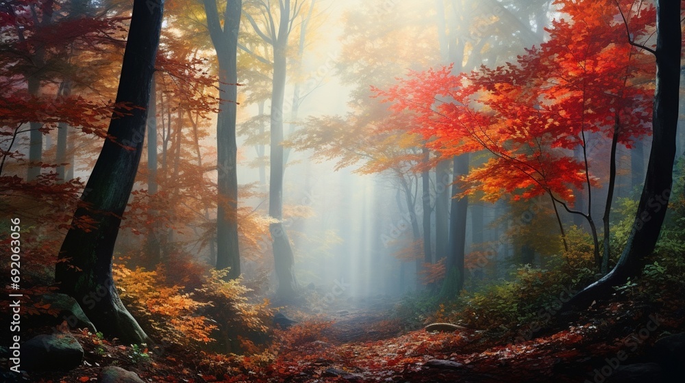 A foggy and mysterious forest with tall trees disappearing into the mist, creating an ethereal and atmospheric woodland setting A foggy and mysterious forest with tall trees disappearing into the mist, creating an ethereal and atmospheric woodland setting