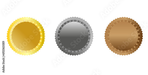 Medal vector set in gold; Silver, bronze on a white isolated background.