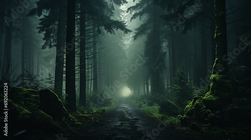 A foggy and mysterious forest with tall trees disappearing into the mist, creating an ethereal and atmospheric woodland setting