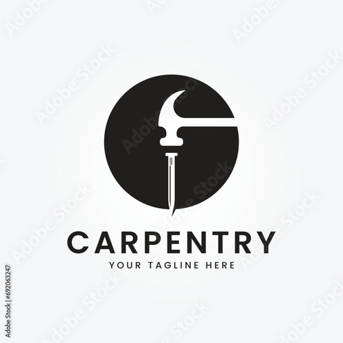 crossing vintage hammer with nail logo vector illustration design, carpentry tool icon symbol