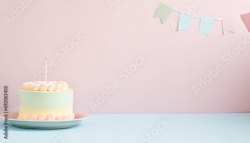 torta su sfondo orizzontale pastello azzurro e rosa con candela e decorazioni generato con ai photo