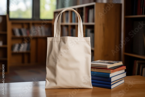 Beige canvas tote bag mockup template on wooden table in library. Eco friendly totebag mock up made of natural cotton. Reusable shopper ecobag canvas for design