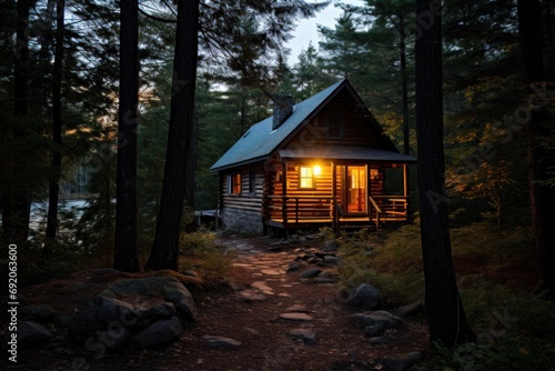 Rustic and romantic modern cabin log house in the forest at night made of wood and has porch with door and windows. Cottage chalet exterior. 