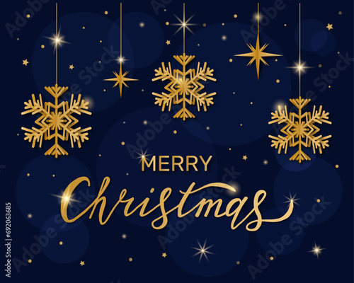 Vector illustration with gold inscription  merry Christmas  on a dark blue background and snowflakes. This classic and elegant style is ideal for holiday cards  seasonal marketing materials