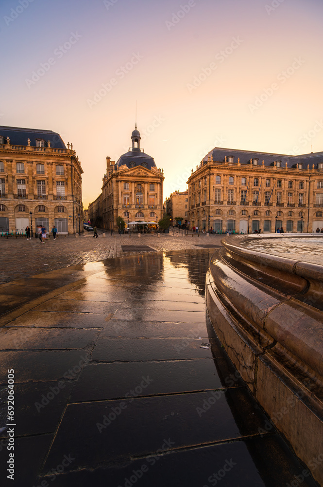 Scenic view of Place de la Bourse at sunset in Bordeaux, France. High quality photography.