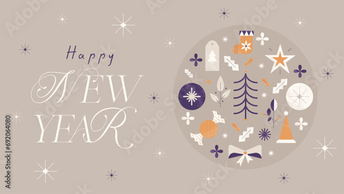 Happy New Year 2024 Banner. Happy New Year greeting banner with geometric holiday winter symbols and elements. Minimalistic retro flat style. Vector illustration. photo