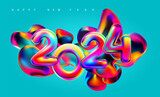 New year 2024. Iridescent colorful calendar date on bright fluid background. Multicolor lettering design. Not generated by AI.