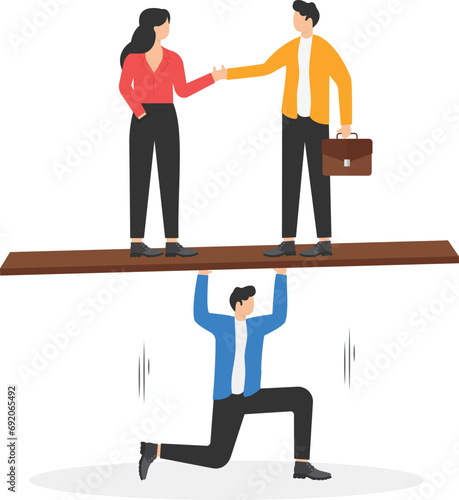 Business negotiation, mediation process, mutually beneficial resolution, communication and interpersonal skills concept, Businessman trying to balance negotiation partners on seesaw.
