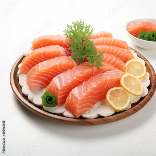 fresh salmon with lemon and dill on a wooden plate, white background