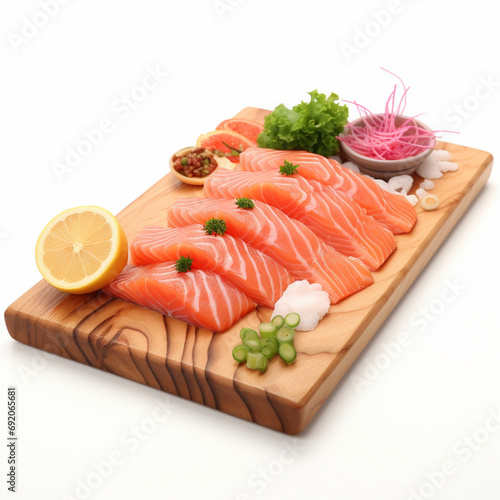 fresh salmon fillet with herbs on the wooden board.