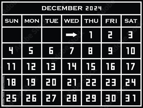 2024 december calendar template. Flat graphics of single page of wall Calendar concept isolated on black background. Week starts from thursday. EPS 10.
