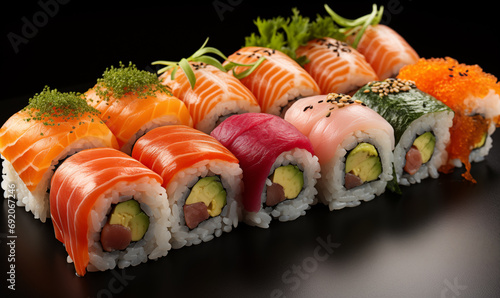 Japanese cuisine - sushi roll with shrimps, salmon and eel.