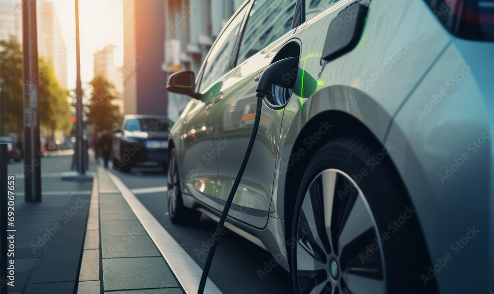 Fototapeta premium Electric Vehicle Charging at Public Charging Station - Eco-Friendly Transport