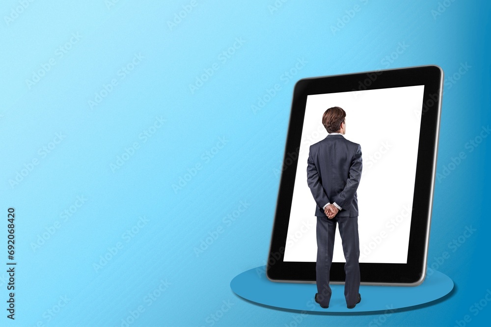 Man Using Large digital tablet Touching Screen Man Using Large digital tablet Touching Screen