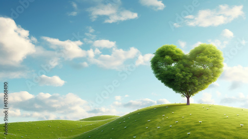 Heart Shaped Green Love Tree in Grass Field  Beautiful Day Countryside Scene. Landscape Background with Blue Sky and White Clouds