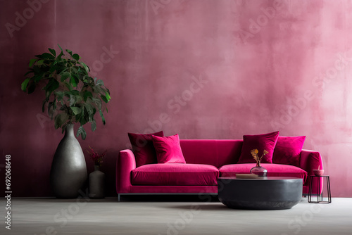 On-trend living room 2023: Vibrant Viva Magenta sofa as a bold accent, set against a microcement wall in crimson and burgundy tones for a chic interior design.