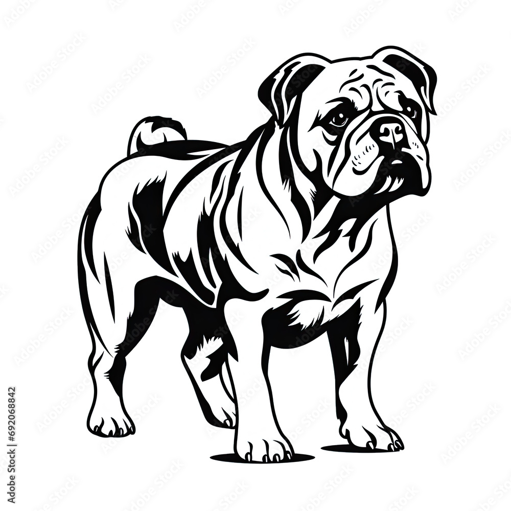 Obraz premium A Olde English Bulldogge Dog Minimalistic 2d Silhouette. Isolated on a Transparent Background. Cutout PNG.