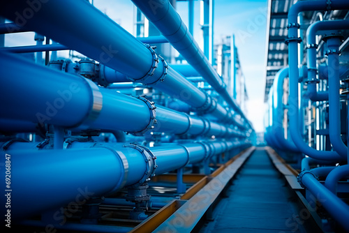 Blue pipelines leading to an oil refinery, showcasing the industrial infrastructure with a focus on the transportation of resources. 