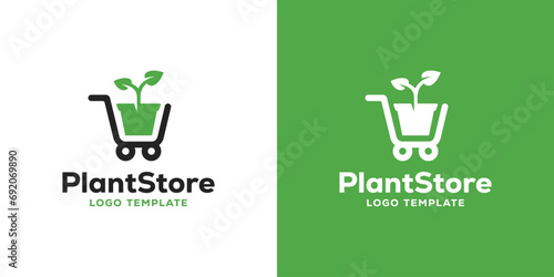 Plants Store Logo Design. Shopping Cart and Potted Tree Combination. Logo for Sell and Buy Plants. Icon Symbol Vector Design Template.