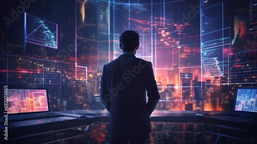 A sophisticated business attire, seamlessly merged with a background of intricate stock market charts and neon-lit skyscrapers. Human elements excluded.
