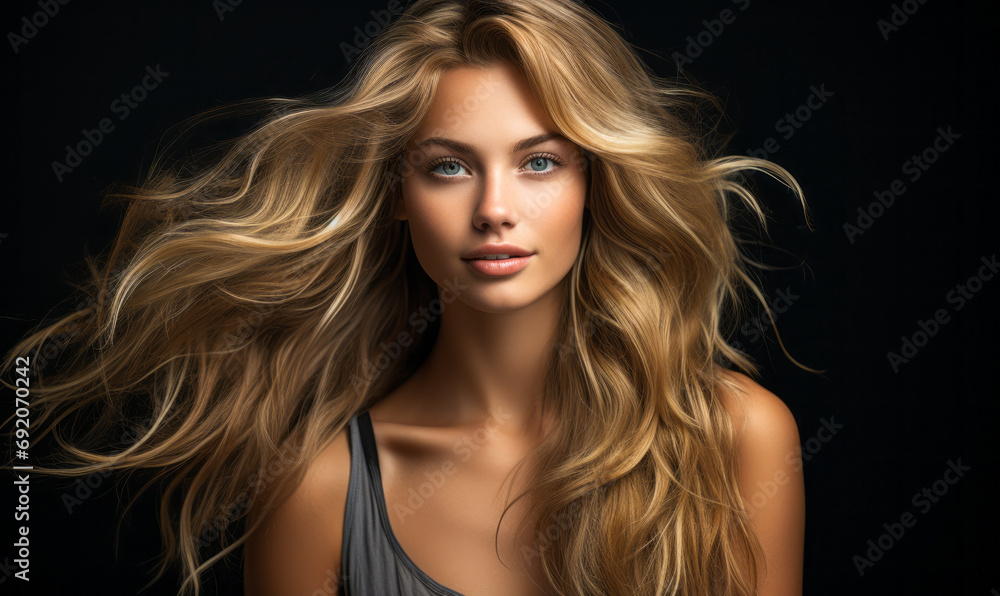 Portrait of a stunning female model with luxurious flowing blonde hair and captivating blue eyes on a dark background Portrait of a stunning female model with luxurious flowing blonde hair and captivating blue eyes on a dark background