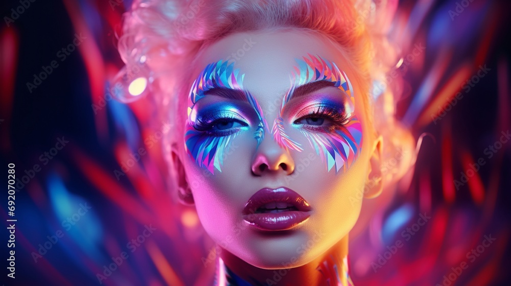 A stunning depiction of a female face, overlaid with neon lighting and art deco aesthetics, capturing the spirit of colorful studio creativity and makeup art.