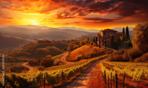 Breathtaking Sunset Over Lush Tuscan Vineyards with Rolling Hills, Historic Italian Architecture and Vibrant Autumn Foliage photo