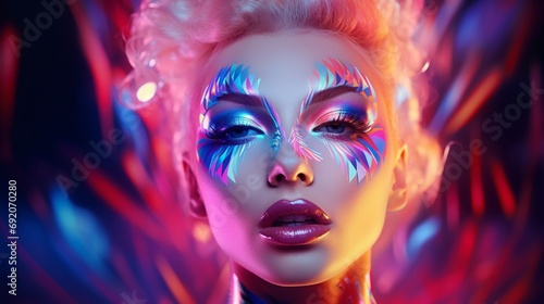 A stunning depiction of a female face, overlaid with neon lighting and art deco aesthetics, capturing the spirit of colorful studio creativity and makeup art.