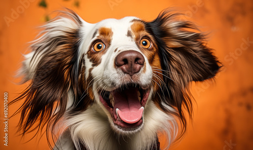 Expressive Brown and White Spaniel Dog with Flapping Ears and Joyful Gaze against a Vibrant Coral Background, Portrait of Canine Happiness