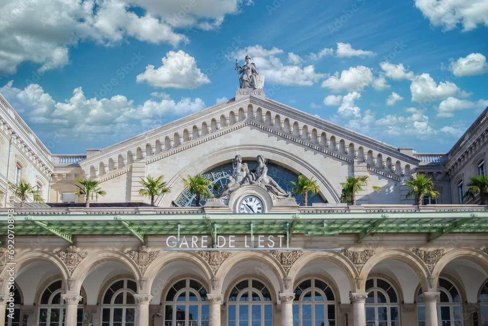 Paris, the clock of the gare de l’Est, train station in the center
