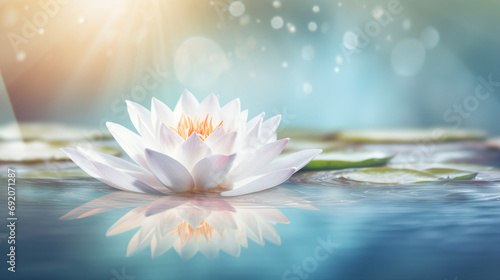 Zen Garden Serenity: Beautiful Lotus Floating on Calm Water with Soft Bokeh Reflection - Nature's Tranquil Beauty for Meditation and Relaxation.