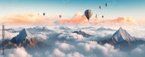A hot air balloon is flying over foggy mountains high in air, panorama. Generative Ai. photo