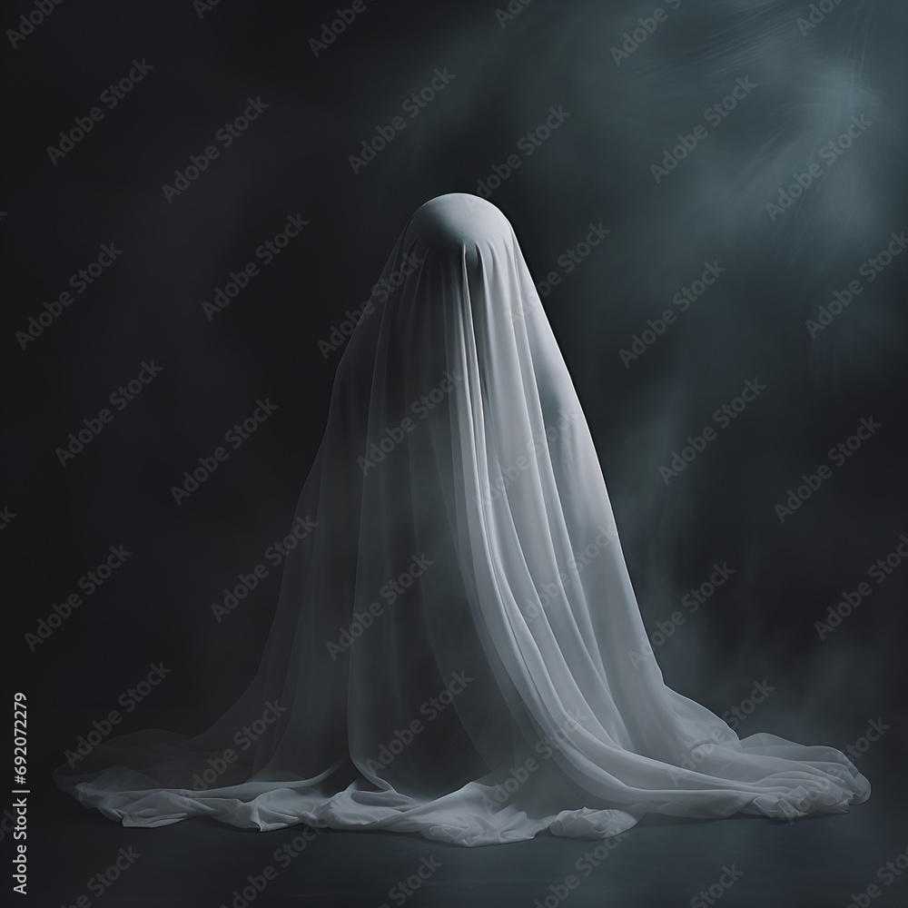 Ethereal white ghost contrasting a pitch black background, Ghost costume for halloween party, Ghost with a white sheet in a room. Halloween appearance of a paranormal entity or poltergeist in a sinist