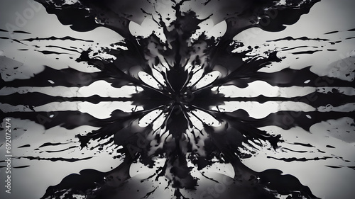 Abstract symmetrical ink blot pattern featuring black liquid splatter burst on light gray background inspired by rorschach inkblot test design