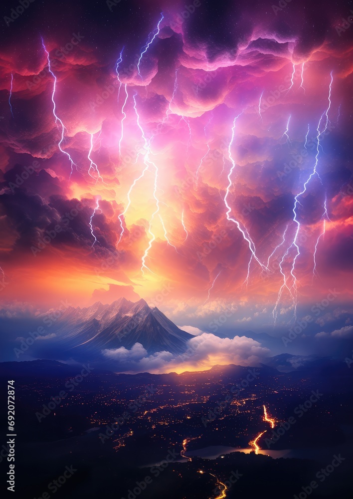 Landscape storm view on lightning bolts, bad weather forecast, climate change.. Generative ai.