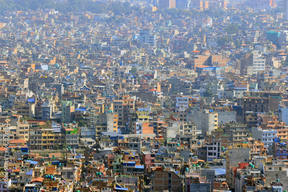 Kathmandu skyline, full of slums, lodge, mansion, house with colourful painting