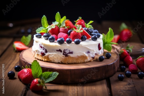 An appetizing Skyr cake garnished with fresh berries, a classic dessert from Iceland, displayed on a vintage wooden table photo