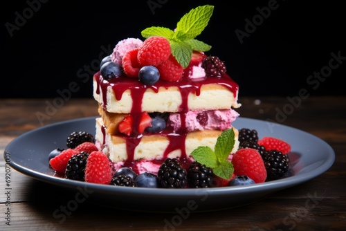 Indulgent Italian Gelato cake  beautifully layered and garnished with fresh summer berries