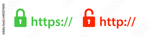 Https and http website protect icon. Ssl safe symbol. Padlock signs. Safety internet site icons. Browser domain. Vector illustration. photo