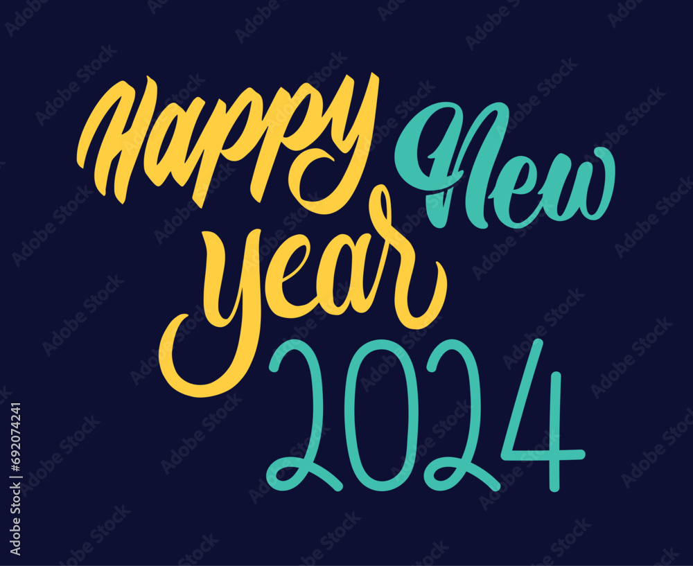 Happy New Year 2024 Abstract Yellow And Cyan Graphic Design Holiday Vector Logo Symbol Illustration With Blue Background