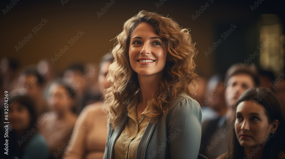 portrait of a smiling blonde woman in the middle of a lecture, audience, class portrait of a smiling blonde woman in the middle of a lecture, audience, class