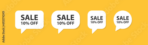 Sale 10% off in the speech bubble. Discount in the shop. Special proposition. Good percentage sticker. Marketing promotion. Product label.