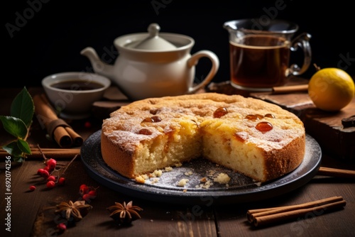 A delightful scene of a homemade German Streuselkuchen, with baking ingredients scattered around and a comforting cup of coffee nearby