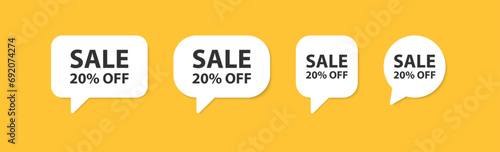 Sale 20% off in the speech bubble. Discount in the shop. Special proposition. Good percentage sticker. Marketing promotion. Product label.