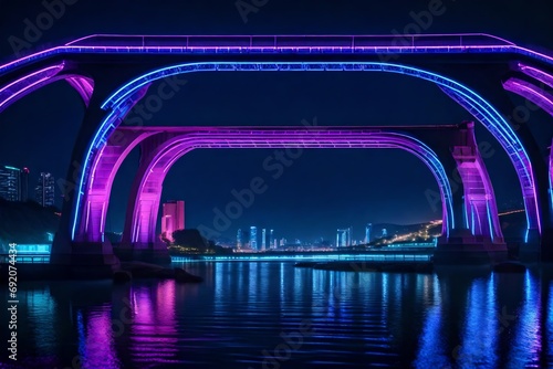 A futuristic bridge spanning over a calm river, with its illuminated arches reflecting in the water below.
