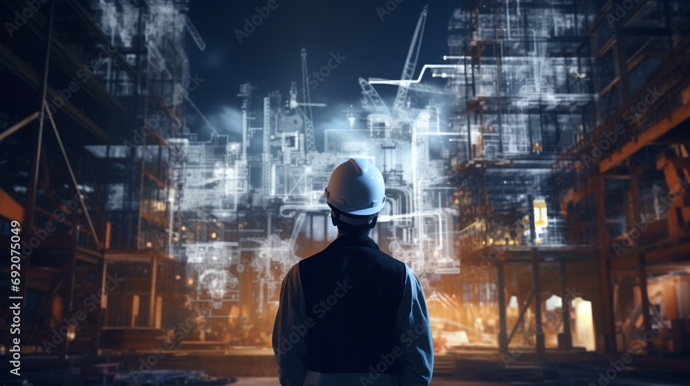 The outline of a worker with protective helmet and plans, superimposed on a dreamlike city construction site, evoking progress and innovation. The outline of a worker with protective helmet and plans, superimposed on a dreamlike city construction site, evoking progress and innovation.