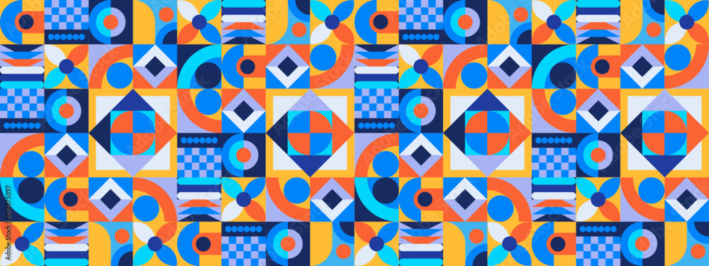 Colorful colourful geometric mosaic seamless pattern illustration with creative abstract shapes. Vector flat mosaic horizontal banners template Colorful colourful geometric mosaic seamless pattern illustration with creative abstract shapes. Vector flat mosaic horizontal banners template